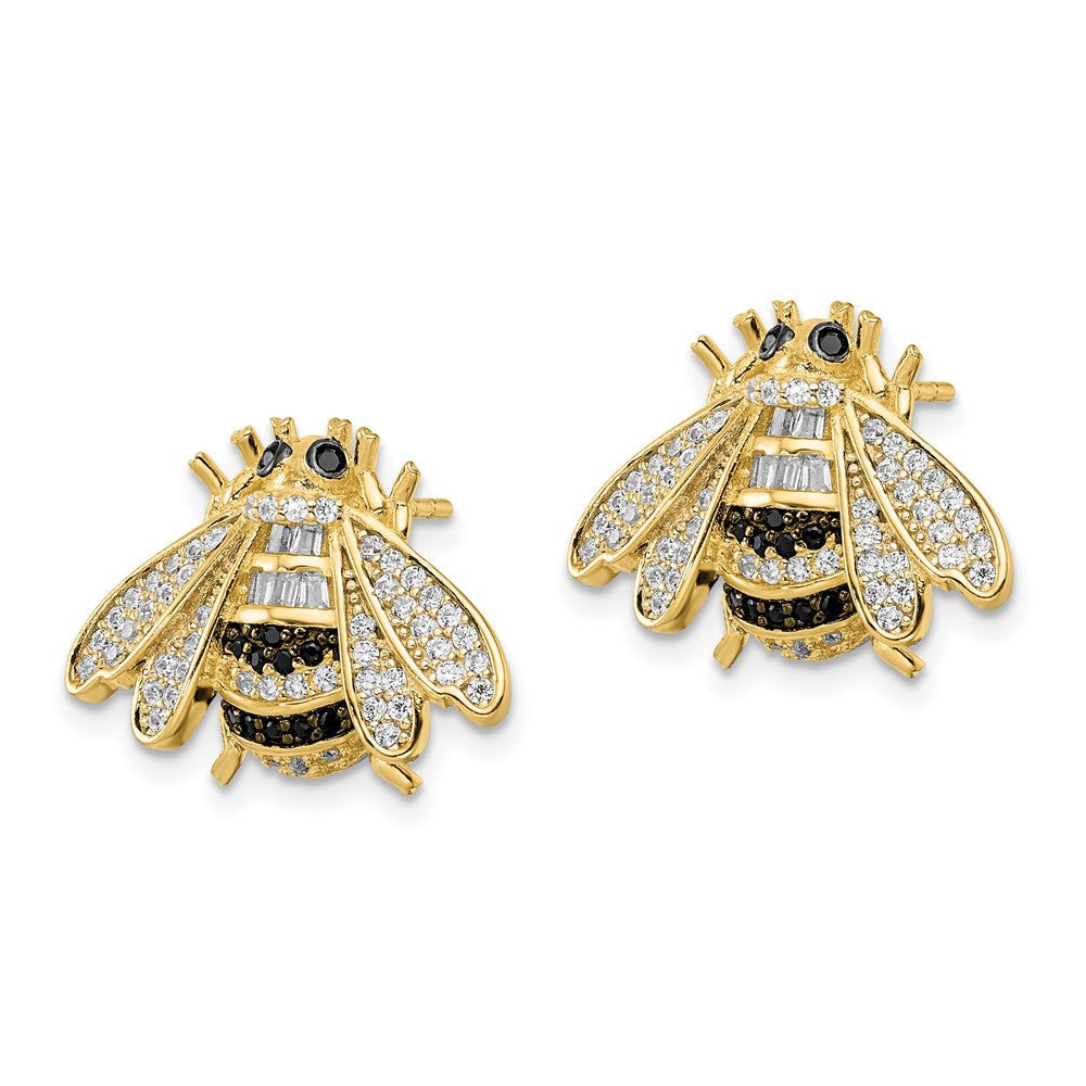 Sterling Silver Blk/White RH-plated Gold Tone CZ Bumblebee Button Stud Earrings