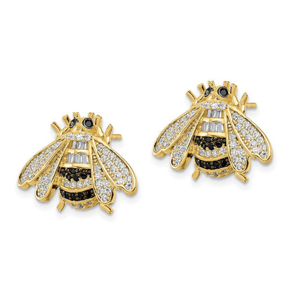 Sterling Silver Blk/White RH-plated Gold Tone CZ Bumblebee Button Stud Earrings