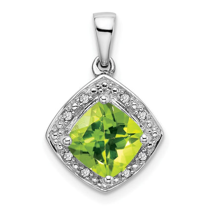 14k White Gold Cushion Peridot and Diamond Pendant