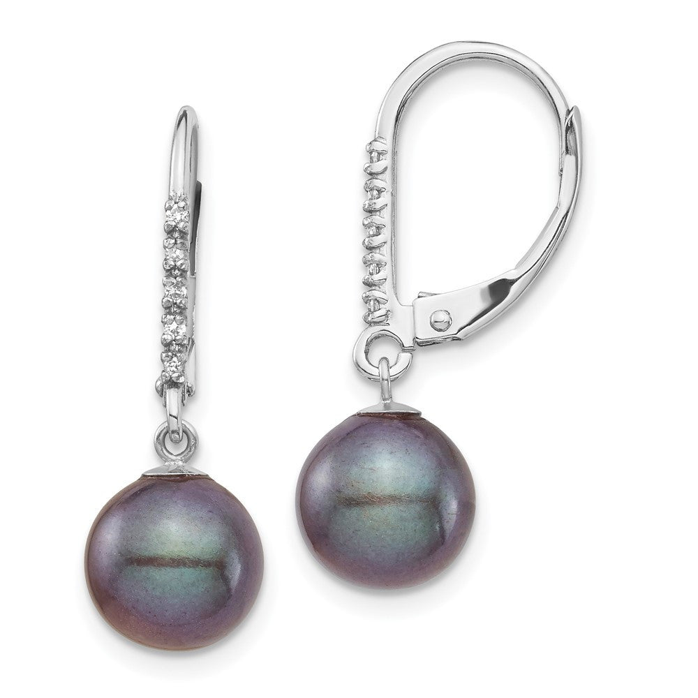14k Gold 8-9mm Black Freshwater Cultured Pearl and Diamond Dangle Earrings