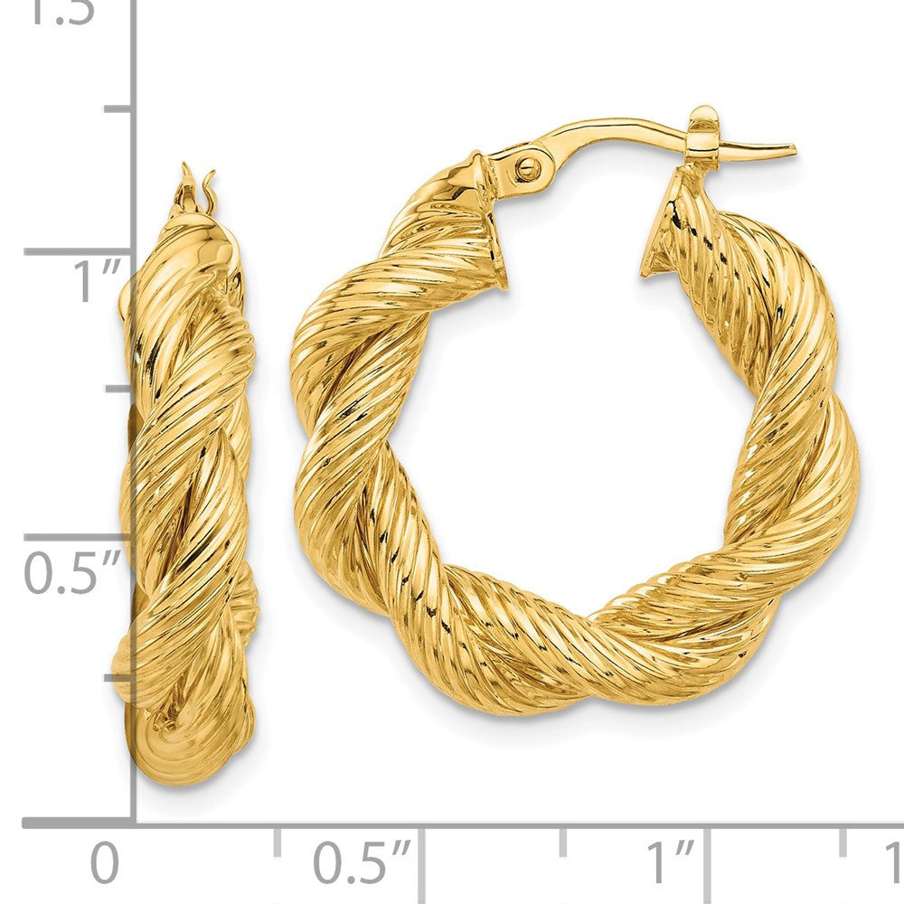 14k Yellow Gold Polished and Textured Twisted Hoop Earrings