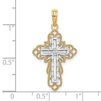 14k Yellow Gold Rhodium Lace Trim Cross Charm Pendant