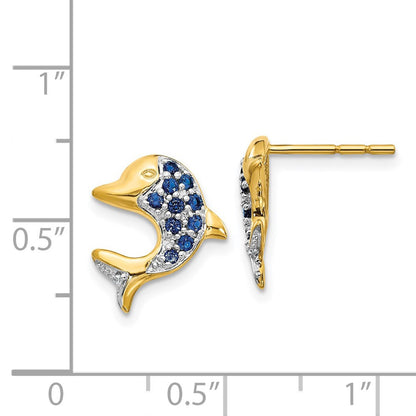 14k Yellow Gold w/Rhodium Marquise Sapphire/Diamond Dolphin Stud Earrings