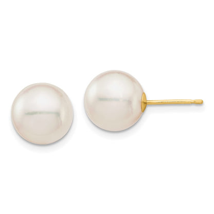 14k Yellow Gold 9-10mm White Round Saltwater Akoya Cultured Pearl Stud Earrings