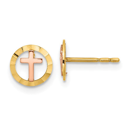 14K Two-tone Circle with Cross Stud Earrings