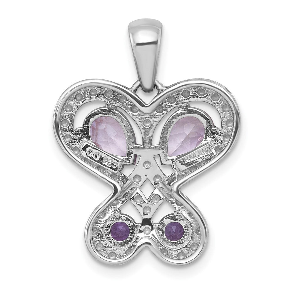 Sterling Silver Polished Amethyst Rose de France Quartz Heart Butterfly Pendant