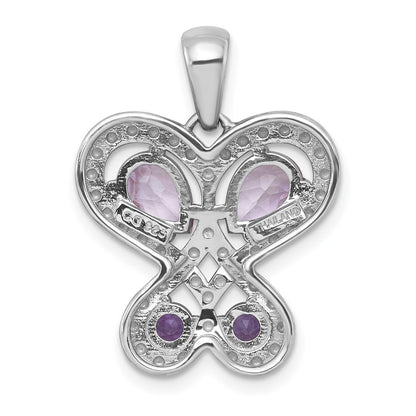 Sterling Silver Polished Amethyst Rose de France Quartz Heart Butterfly Pendant