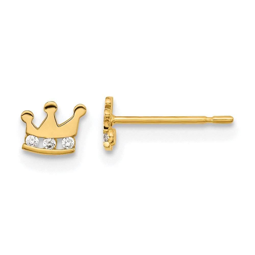 14k Yellow Gold Kids CZ Crown Button Stud Earrings