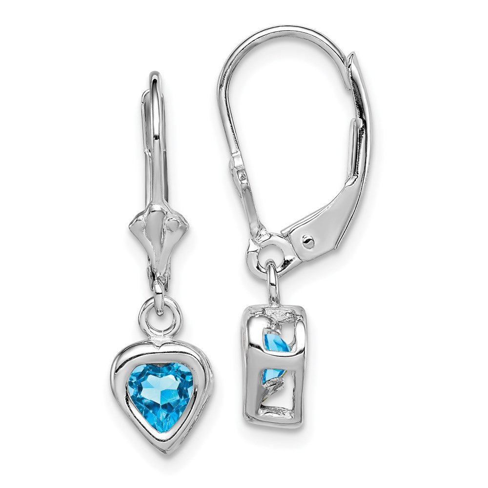Sterling Silver Rhodium Plated 5mm Heart Blue Topaz Leverback Dangle Earrings