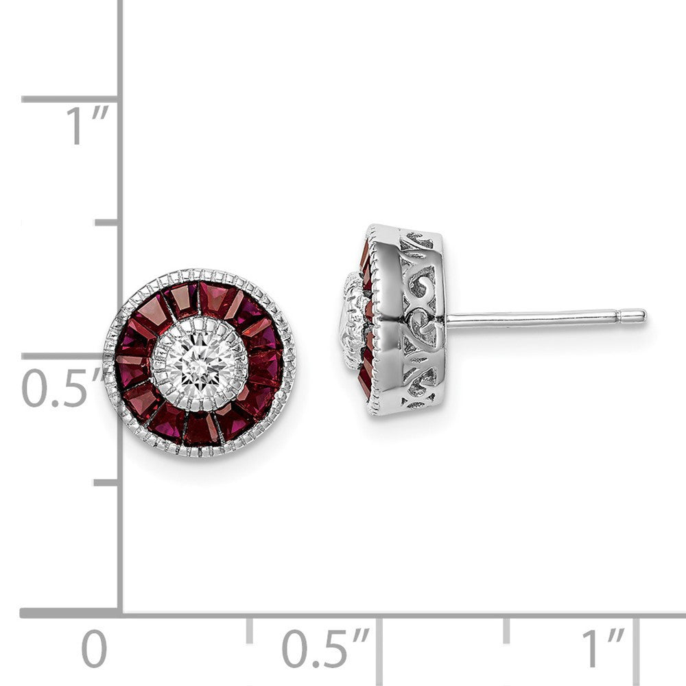 Sterling Silver Rhodium-plated CZ /Created Ruby Halo Button Stud Earrings
