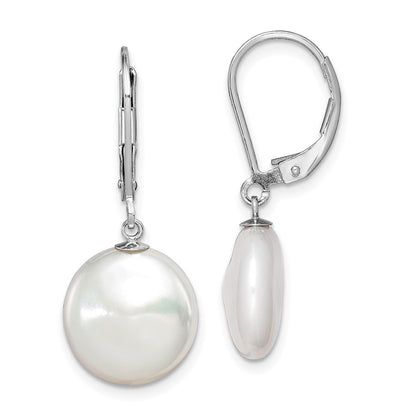 Sterling Silver 12-13mm White Coin Freshwater Cultured Pearl Dangle Earrings