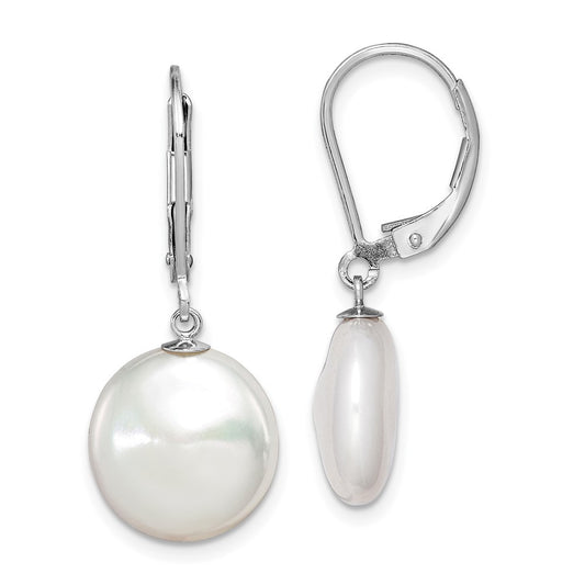 Sterling Silver 12-13mm White Coin Freshwater Cultured Pearl Dangle Earrings
