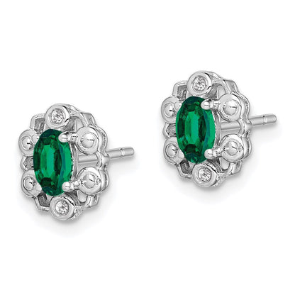 Sterling Silver Rhodium-plated Created Emerald & Diam. Button Stud Earrings