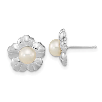 14k White Gold 5-6mm White Button Freshwater Cultured Pearl Flower Stud Earrings