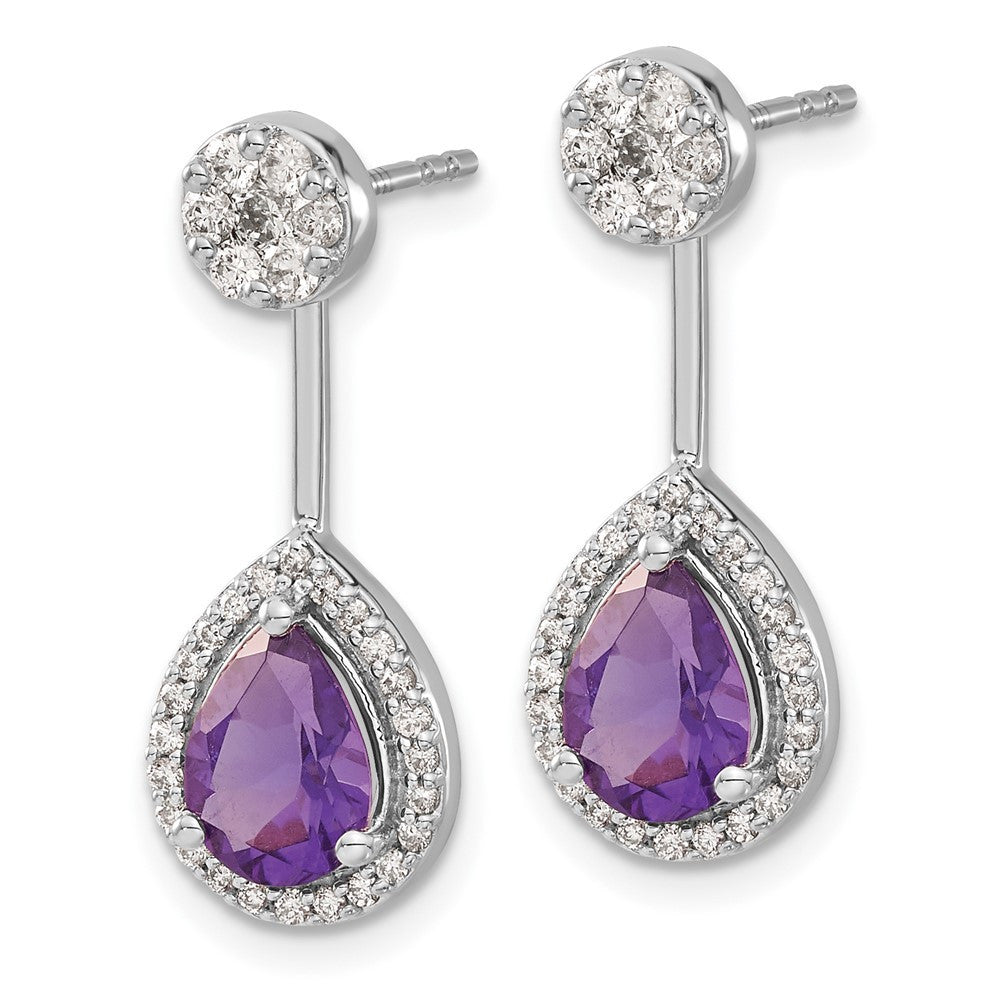 14k White Gold Diamond/Pear Amethyst Front/Back Drop & Dangle Earrings