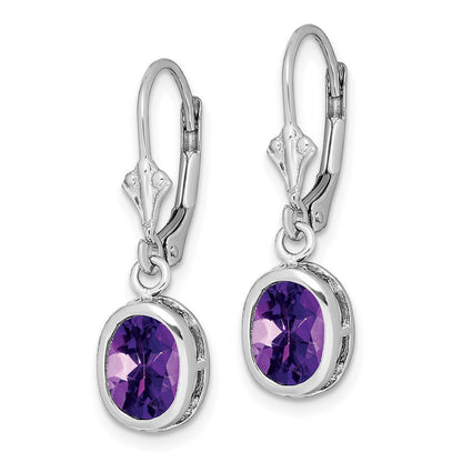 Sterling Silver Rhodium Plated 8x6mm Oval Amethyst Leverback Dangle Earrings