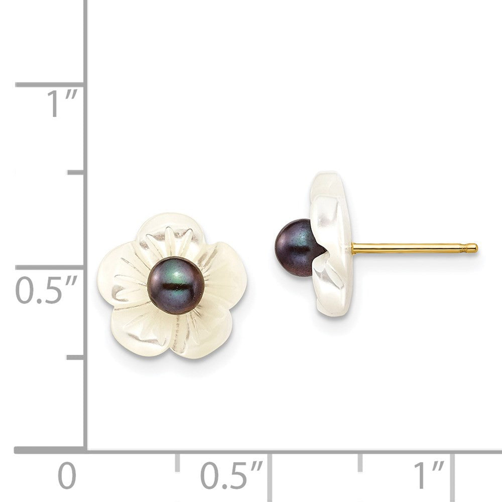 14k Yellow Gold 4mm Black Cultured Pearl & Mother of Pearl Flower Stud Earrings