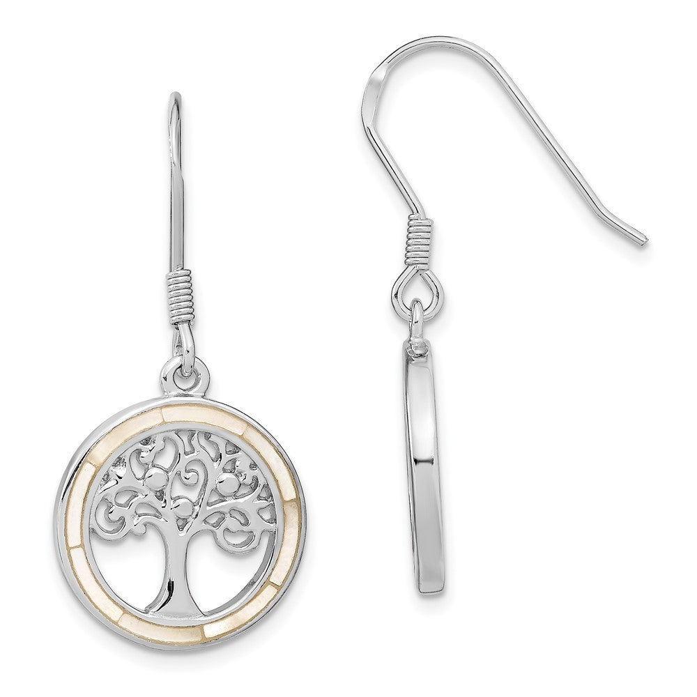 Sterling Silver Rhodium-plated White MOP Tree of Life Dangle Earrings