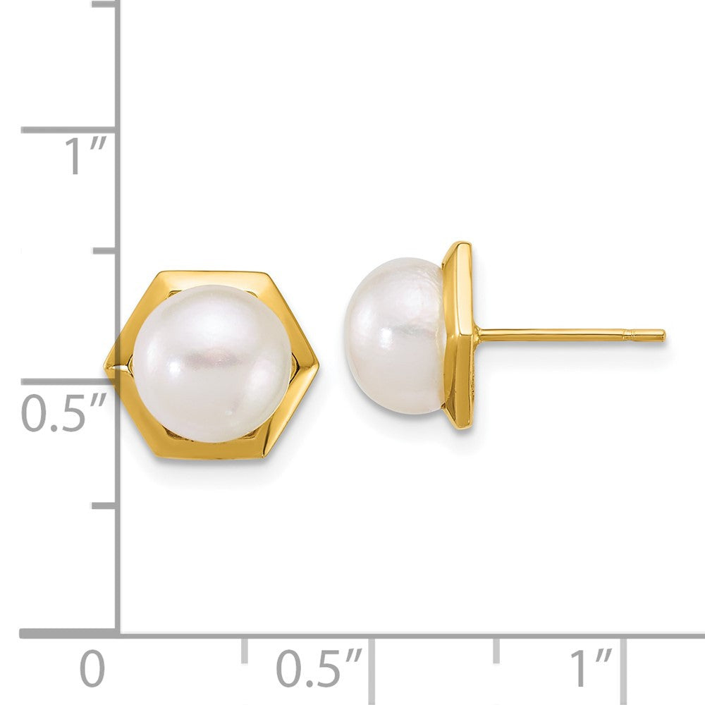 14k Yellow Gold 8mm Button Freshwater Cultured Pearl Hexagon Stud Earrings
