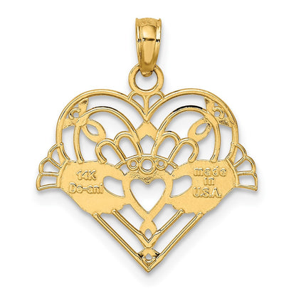 14k Yellow Gold Polished and Beaded Claddagh In Heart Charm Pendant