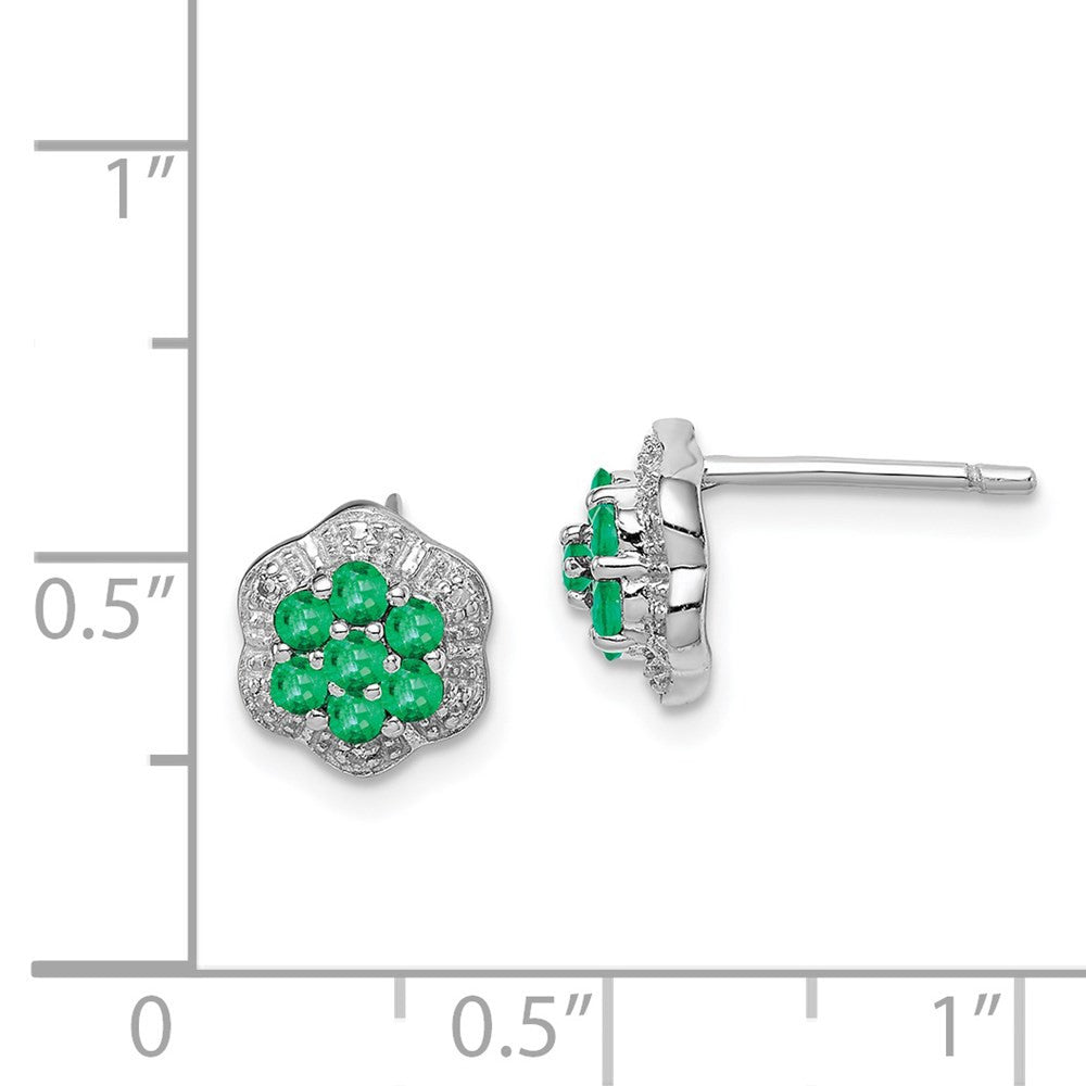 Sterling Silver Rhodium Emerald & Diamond Button Stud Earrings