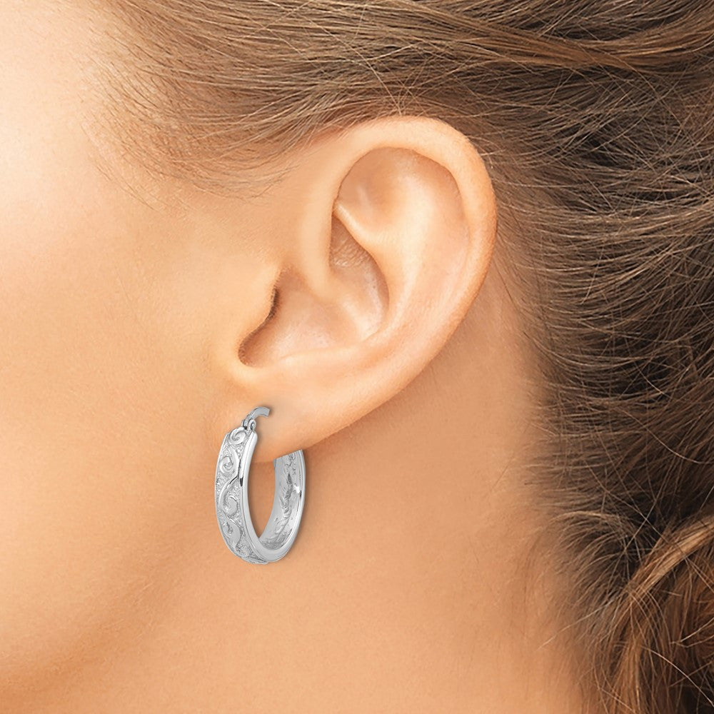 Sterling Silver Rhod-plated Polished and Textured Round Hoop Earrings