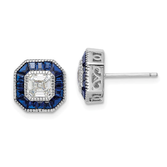 Sterling Silver Rhodium-plated Synthetic Blue Spinel and CZ Button Stud Earrings