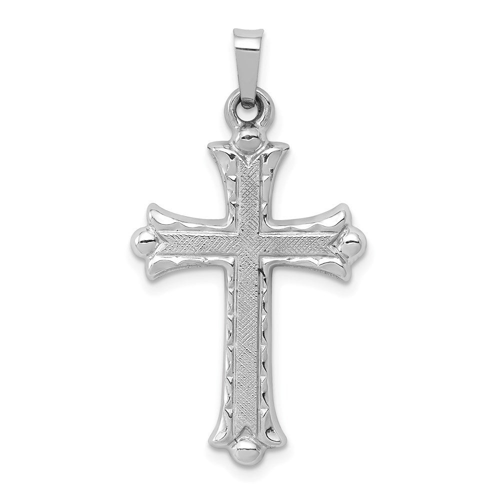 14k White Gold Textured and Polished Fleur de lis Cross Pendant