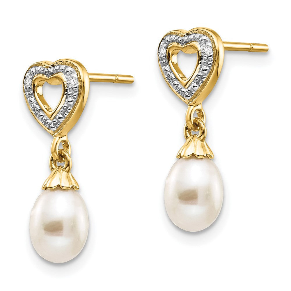 14k Yellow Gold 7x5mm Teardrop FWC Pearl .01ct Heart Diamond Dangle Earrings