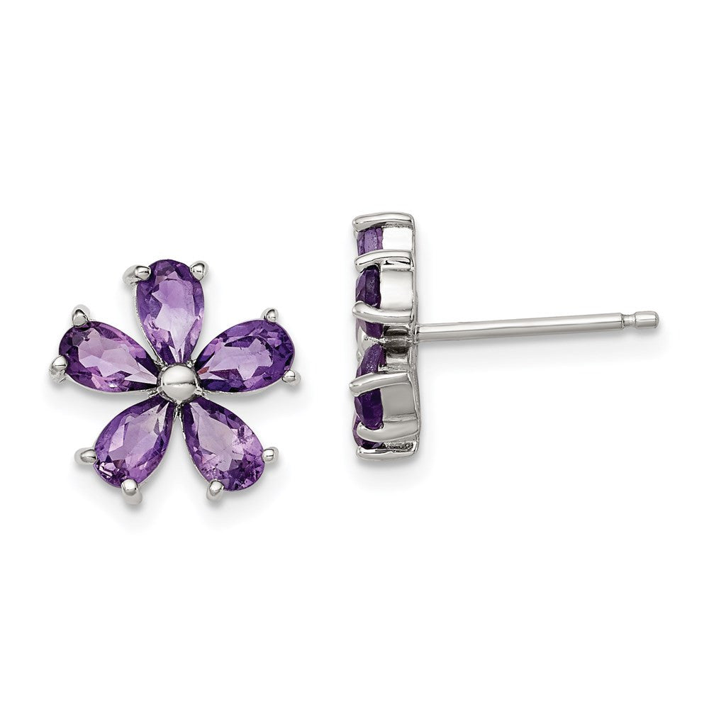 Sterling Silver Rhodium Plated Amethyst Floral Button Stud Earrings