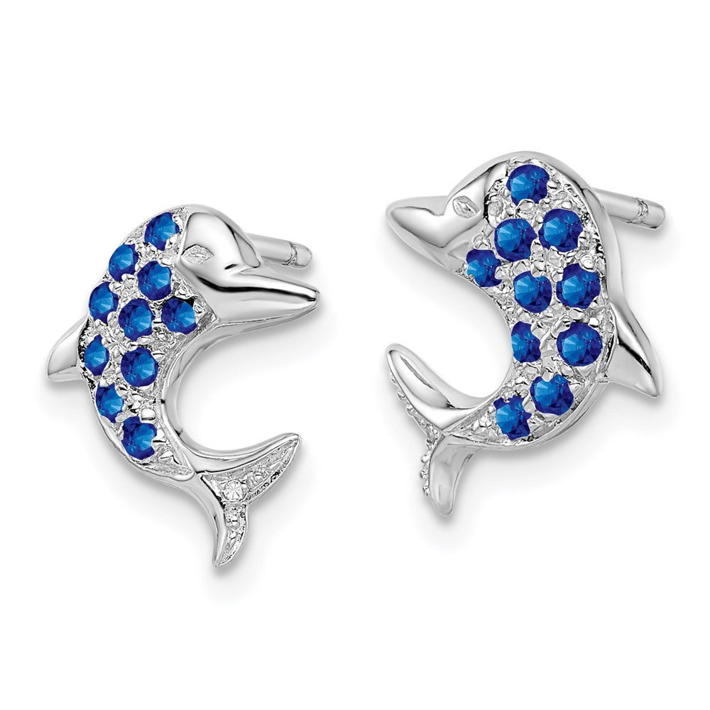 Sterling Silver Rhodium Sapphire & Diamond Dolphin Button Stud Earrings