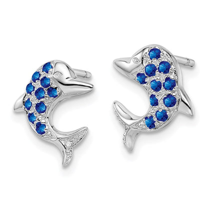 Sterling Silver Rhodium Sapphire & Diamond Dolphin Button Stud Earrings