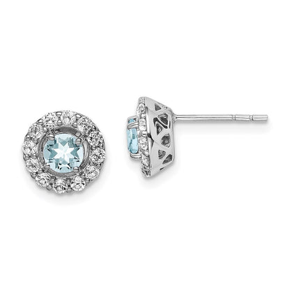 Sterling Silver Rhodium Plated White Topaz & Aquamarine Button Stud Earrings