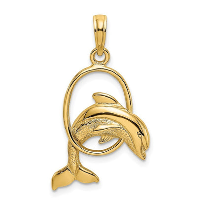 14k Yellow Gold Polished Dolphin Jumping Through Hoop Charm Pendant