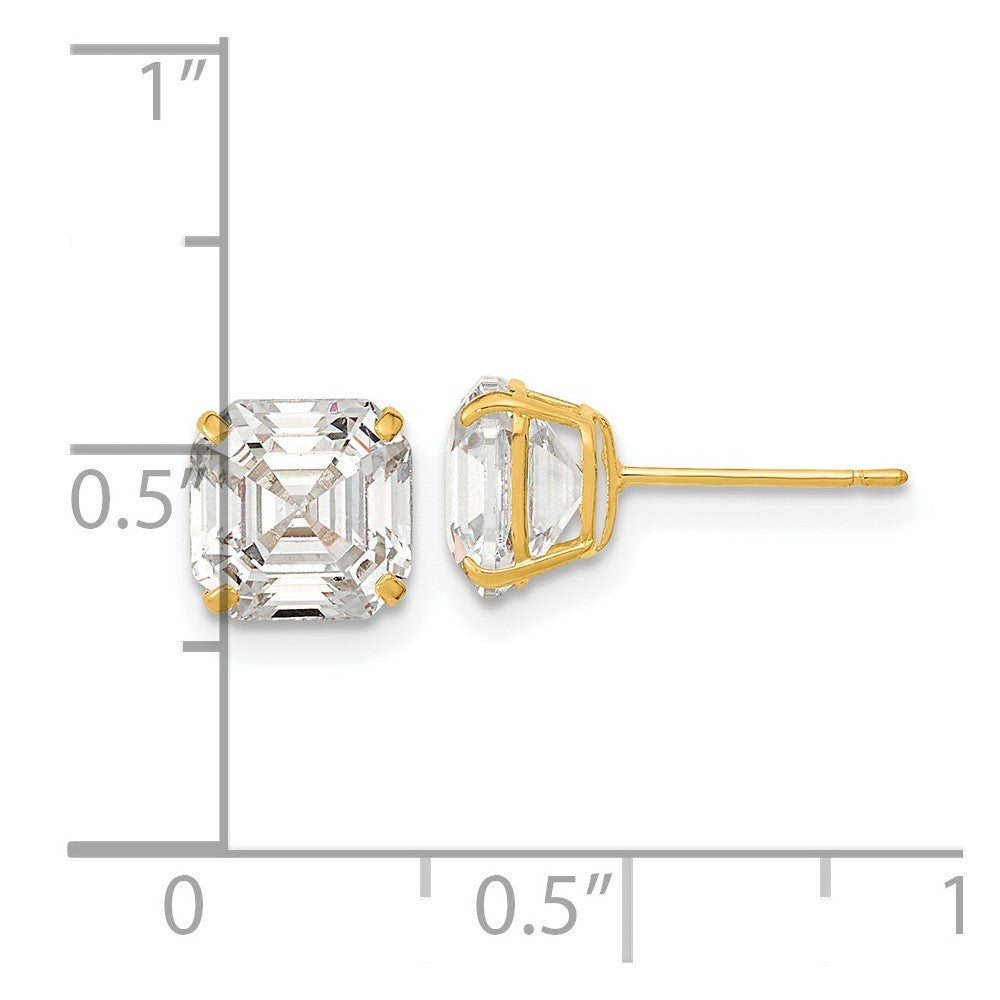 14k Yellow Gold Polished 7x7 Asscher Cut Cubic Zirconia Studs Earrings