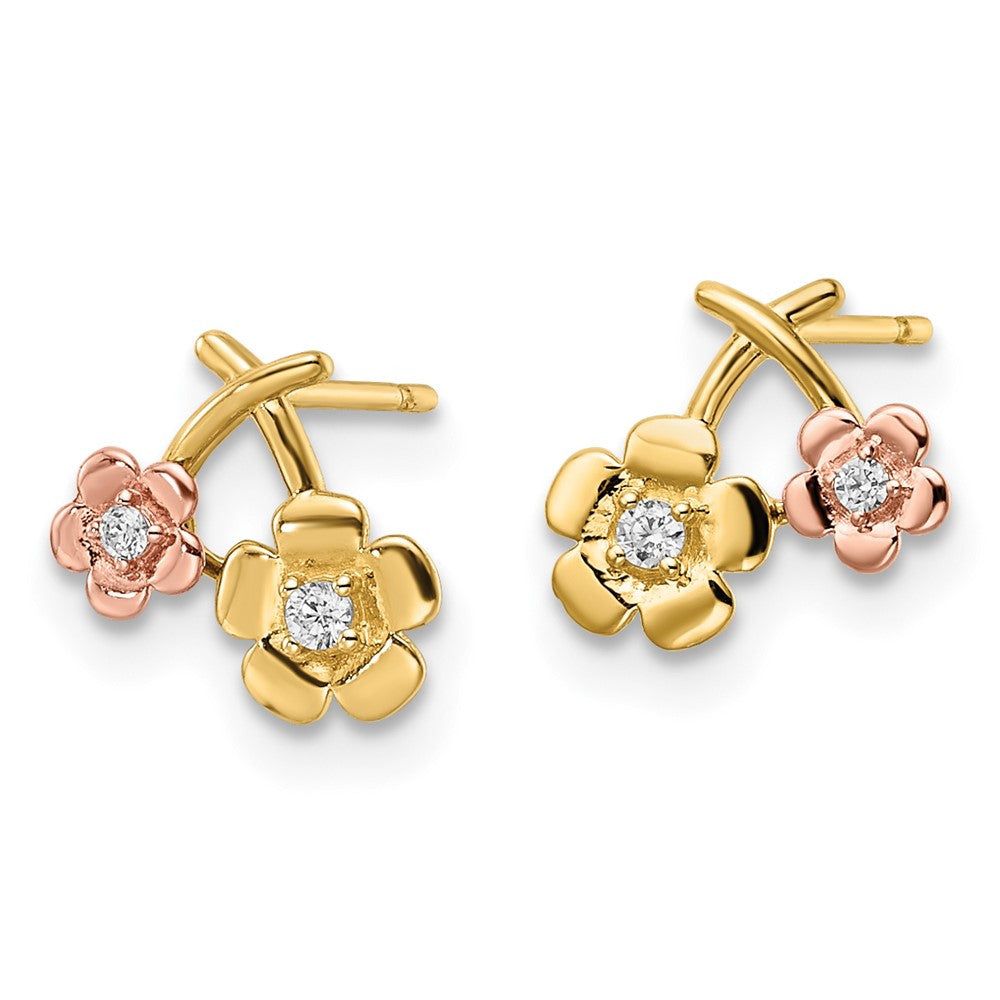 14k Two-tone Cubic Zirconia Flowers Stud Earrings