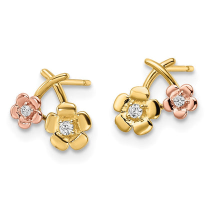 14k Two-tone Cubic Zirconia Flowers Stud Earrings