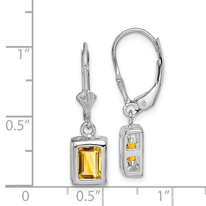 Sterling Silver Rhodium Plated 7x5 Emerald Cut Citrine Leverback Dangle Earrings