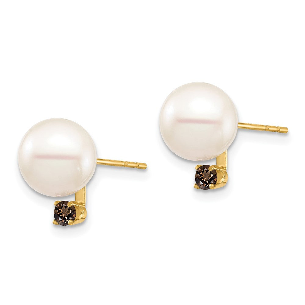 14k Yellow Gold Round Freshwater Cultured Pearl and Smoky Quartz Earring