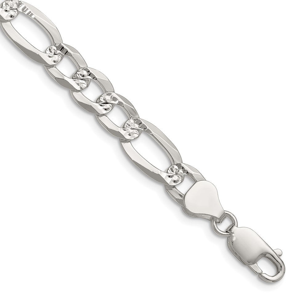 Sterling Silver 8.0mm Flat Diamond-Cut Pave Figaro Chain Necklace 24"
