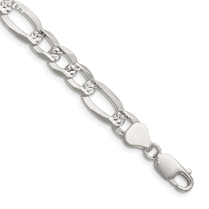 Sterling Silver 8.0mm Flat Diamond-Cut Pave Figaro Chain Necklace 24"