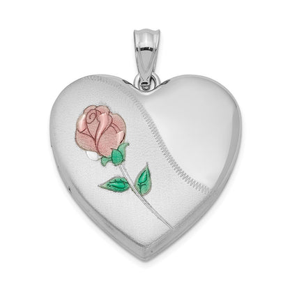 Sterling Silver Rhodium-plated 24mm Satin Enameled & Diamond-Cut Rose Locket