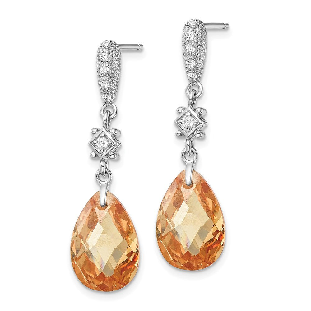 Sterling Silver Polished & Textured Champagne & White CZ Tear Dangle Earrings