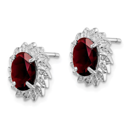 Sterling Silver Rhodium Plated Garnet and Diamond Button Stud Earrings