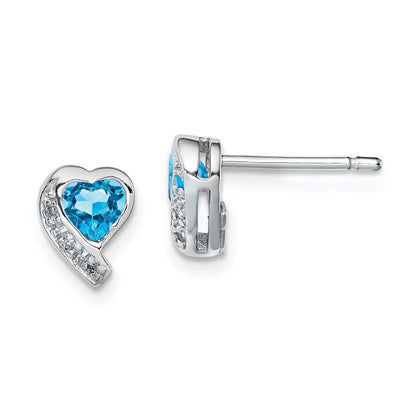 Sterling Silver Rhodium-plated Blue Topaz and Diamond Heart Button Stud Earrings