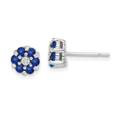 Sterling Silver Rhodium Sapphire & Diamond Button Stud Earrings