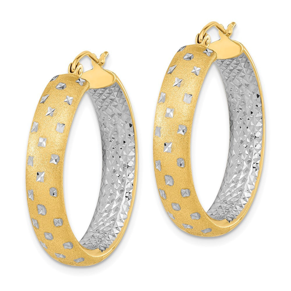 14k Yellow Gold White Rhodium Polished Satin Diamond-cut In/Out Hoop Earrings