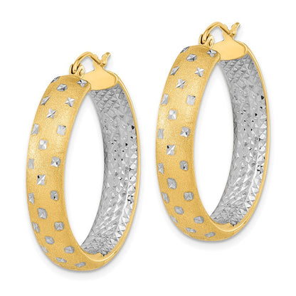 14k Yellow Gold White Rhodium Polished Satin Diamond-cut In/Out Hoop Earrings