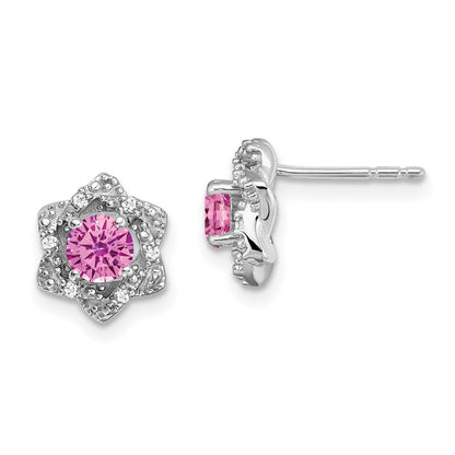 14k White Gold Created Pink Sapphire and Diamond Button Stud Earrings