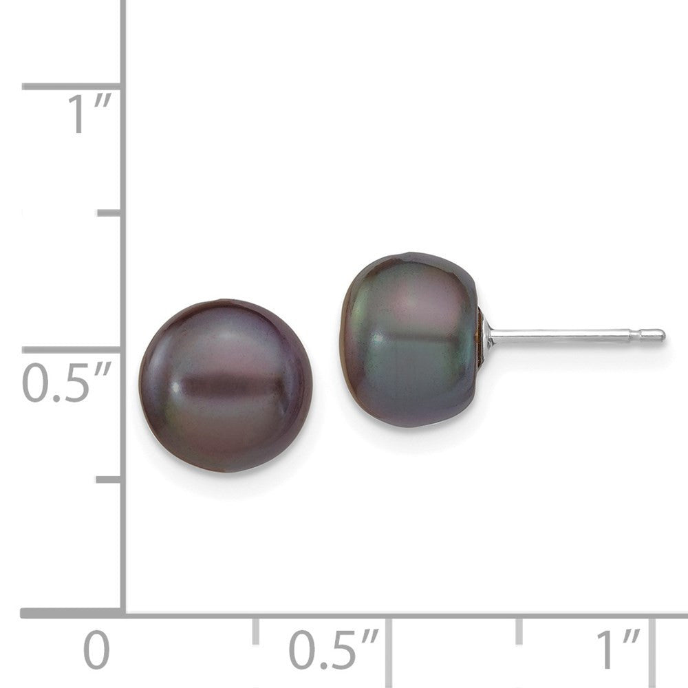 14k White Gold 8-9mm Black Button Freshwater Cultured Pearl Stud Earrings
